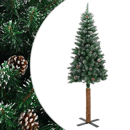 Smal plastgran med äkta trä och kottar vit snö grön 180 cm