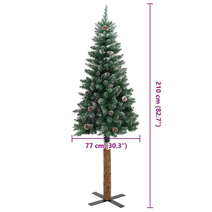 Smal plastgran med äkta trä och kottar vit snö grön 210 cm