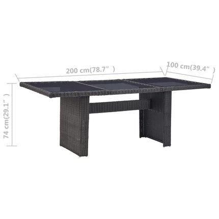 Trädgårdsbord svart 200x100x74 cm glas och konstrotting
