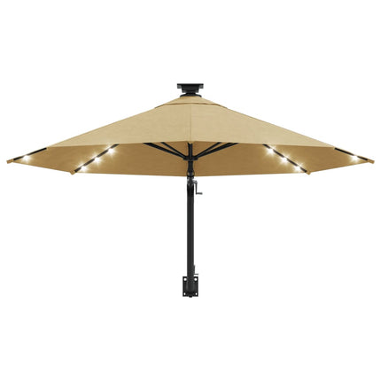 Väggmonterat trädgårdsparasoll med LEDs 300 cm taupe