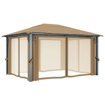 Paviljong med draperier 400x300 cm taupe aluminium