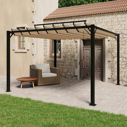 Paviljong med lamelltak 3x3 m taupe tyg och aluminium