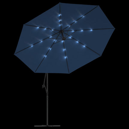Frihängande trädgårdsparasoll med LEDs azurblå 350 cm