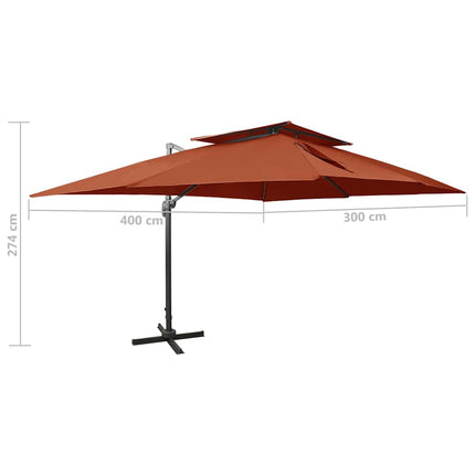 Fribärande trädgårdsparasoll med dubbel topp terrakotta 400x300 cm