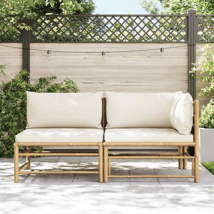 Loungegrupp för trädgården med gräddvita dynor 2 delar bambu