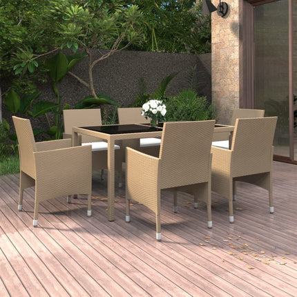 Matgrupp för trädgården 7 delar konstrotting härdat glas beige