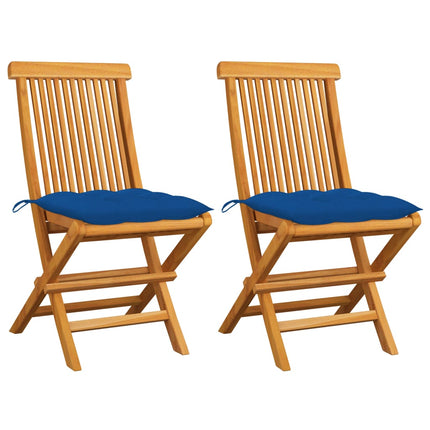 Hopfällbara stolar med blå dynor 2 st massiv teak