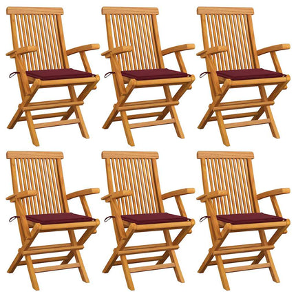 Trädgårdsstolar med vinröda dynor 6 st massiv teak