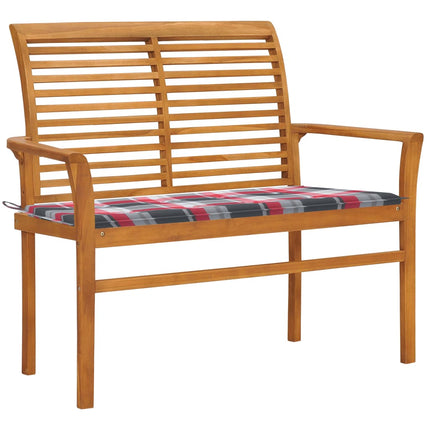 Trädgårdsbänk med dyna rött rutmönster 112 cm massiv teak