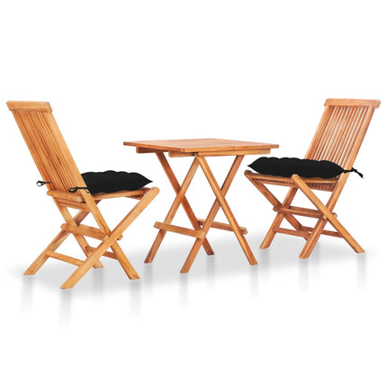 Caféset 3 delar med svarta dynor massiv teak