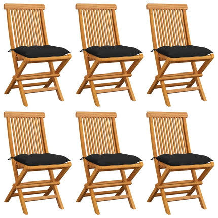 Trädgårdsstolar 6 st med svarta dynor massiv teak