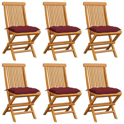 Trädgårdsstolar med vinröda dynor 6 st massiv teak