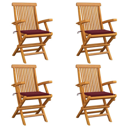 Trädgårdsstolar med vinröda dynor 4 st massiv teak
