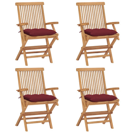 Trädgårdsstolar med vinröda dynor 4 st massiv teak