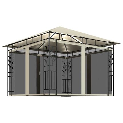 Paviljong med myggnät och ljusslinga LED 3x3x2,73 m gräddvit