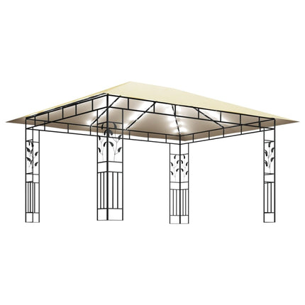 Paviljong med myggnät och ljusslinga LED 4x3x2,73 m gräddvit