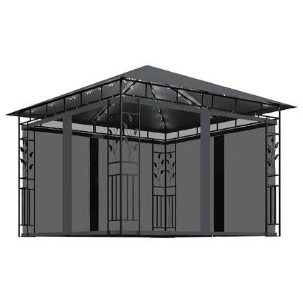 Paviljong med myggnät och ljusslinga LED 3x3x2,73m antracit