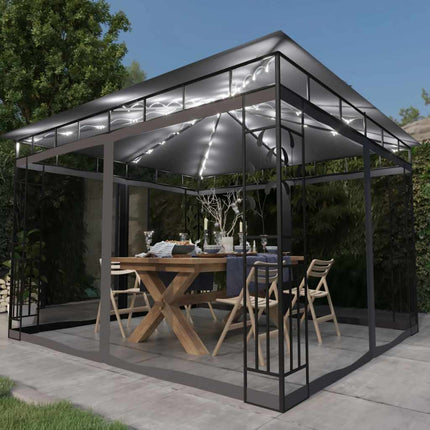 Paviljong med myggnät och ljusslinga LED 3x3x2,73m antracit