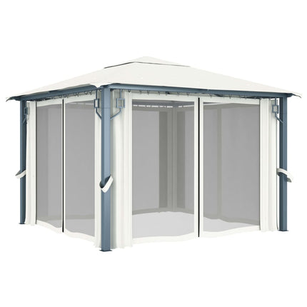 Paviljong med gardin & ljusslinga LED 3x3 m gräddvit aluminium