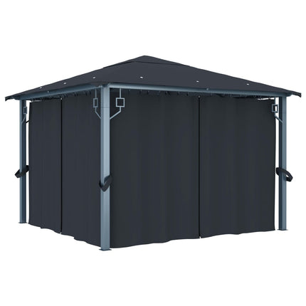 Paviljong med gardin & ljusslinga LED 3x3 m antracit aluminium