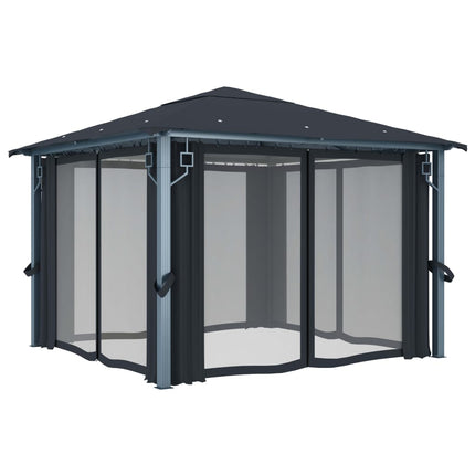 Paviljong med gardin & ljusslinga LED 3x3 m antracit aluminium