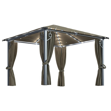 Paviljong med gardin & ljusslinga LED 3x3m taupe aluminium