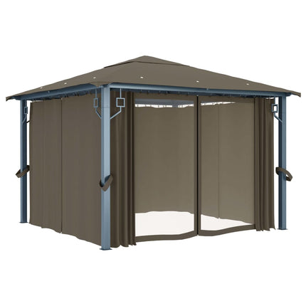 Paviljong med gardin & ljusslinga LED 3x3m taupe aluminium