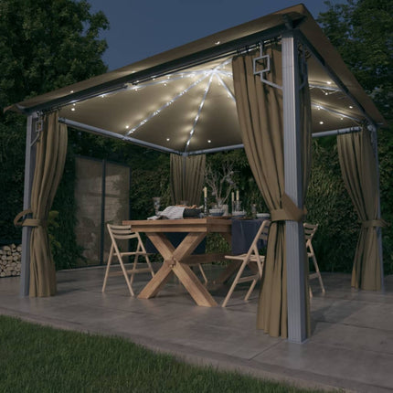 Paviljong med gardin & ljusslinga LED 3x3m taupe aluminium