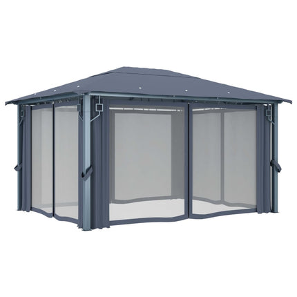 Paviljong med gardin & ljusslinga LED 4x3 m antracit aluminium