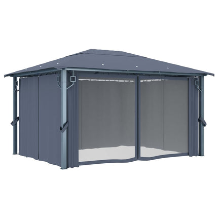 Paviljong med gardin & ljusslinga LED 4x3 m antracit aluminium