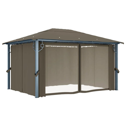 Paviljong med gardin & ljusslinga LED 4x3m taupe aluminium
