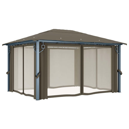 Paviljong med gardin & ljusslinga LED 4x3m taupe aluminium