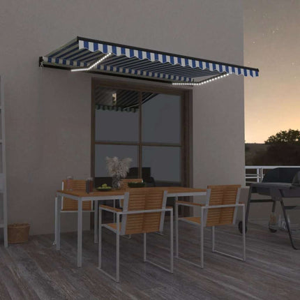 Markis manuellt infällbar med LED 450x300 cm blå och vit