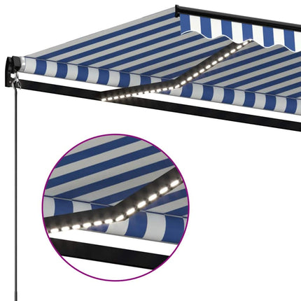Markis manuellt infällbar med LED 500x300 cm blå och vit