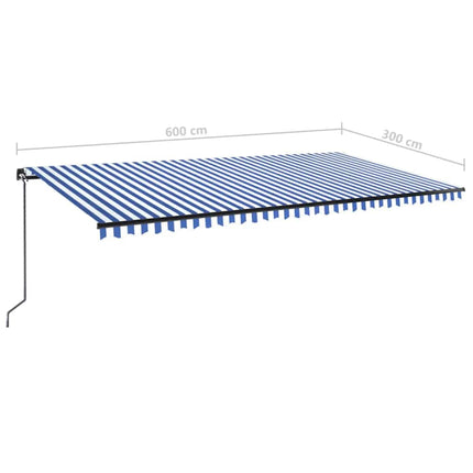 Markis manuellt infällbar med LED 600x300 cm blå och vit