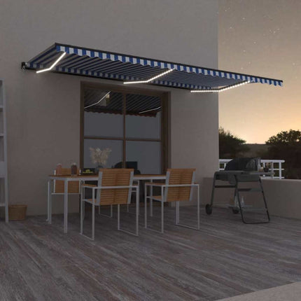 Markis manuellt infällbar med LED 600x300 cm blå och vit