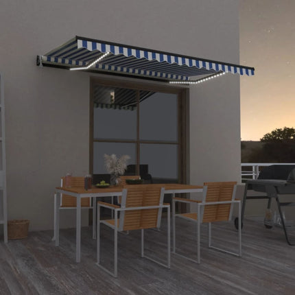 Automatisk markis med vindsensor & LED 450x350 cm blå och vit