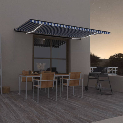 Markis manuellt infällbar med LED 500x350 cm blå och vit