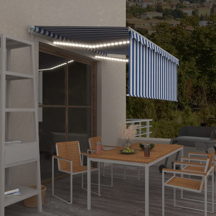 Manuell infällbar markis med rullgardin&LED 3,5x2,5m blå&vit