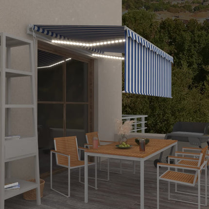 Automatisk markis m. vindsensor rullgardin LED 3,5x2,5m blå/vit