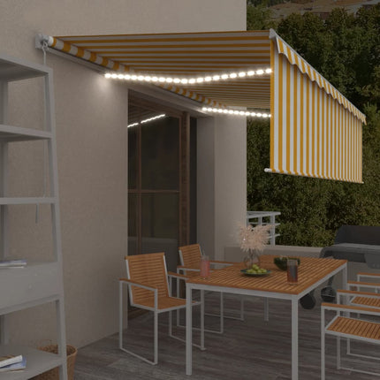 Manuell markis med rullgardin och LED 5x3 m gul och vit