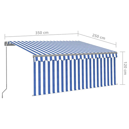 Manuell infällbar markis med rullgardin&LED 3,5x2,5m blå&vit