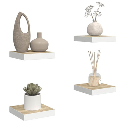Svävande vägghyllor 4 st ek och vit 23x23,5x3,8 cm MDF