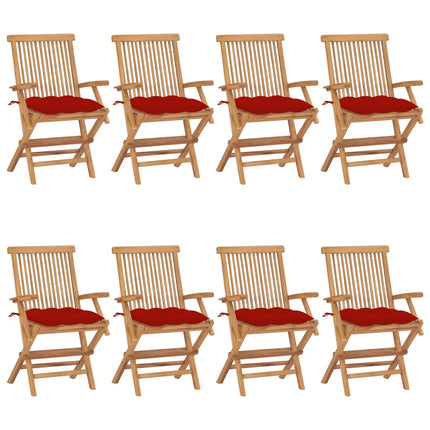 Trädgårdsstolar med röda dynor 8 st massiv teak