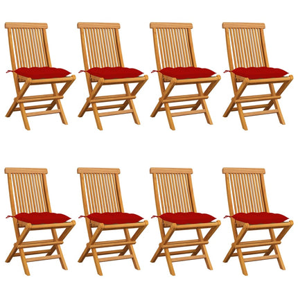 Trädgårdsstolar med röda dynor 8 st massiv teak