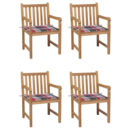 Trädgårdsstolar rödrutiga dynor 4 st massiv teak