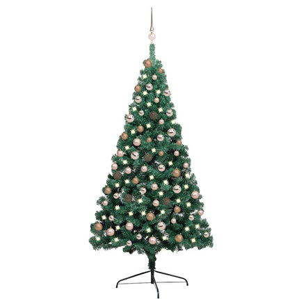 Belyst halv plastgran med kulor grön 180 cm