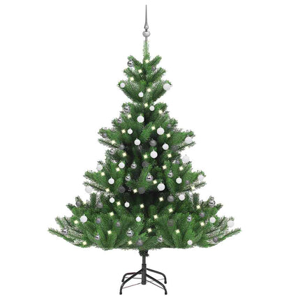 Konstgjord nordmannsgran med LED och julgranskulor grön 180 cm