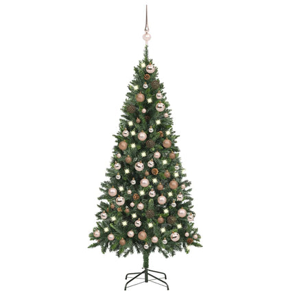 Belyst plastgran med kulor och kottar 180 cm