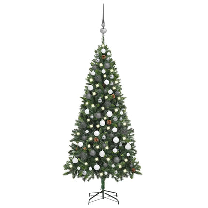 Belyst plastgran med kulor och kottar 180 cm